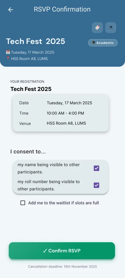 RSVP Confirmation screen with event details, consent checkboxes for showing name and roll number, a waitlist option and a Confirm RSVP button