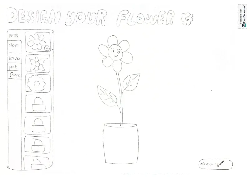Low-fidelity sketch of the Design your flower screen