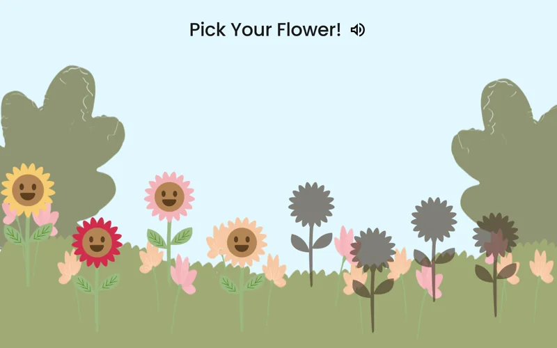 Gul garden screen: Pick Your Flower!, with smiling flowers in a meadow and grey empty spots waiting to be grown