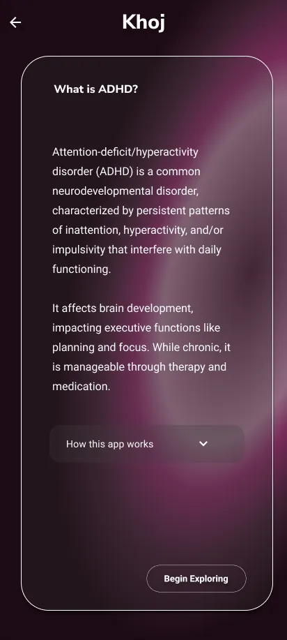 Khoj screen explaining what ADHD is